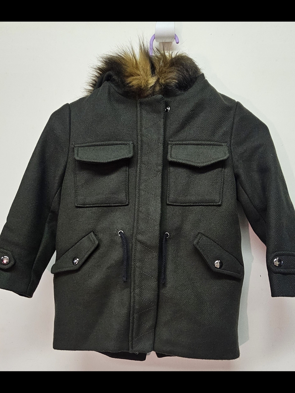 Zara Kids Dark Olive Green Pea Coat with Faux Fur Trim